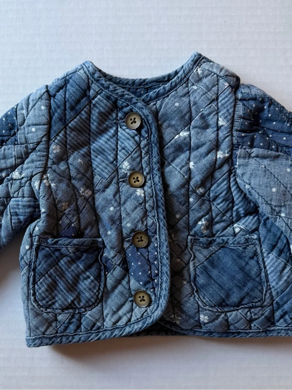 Baby Gap Denim Quilted Patchwork Jacket 0-6M Floral Polka Dot